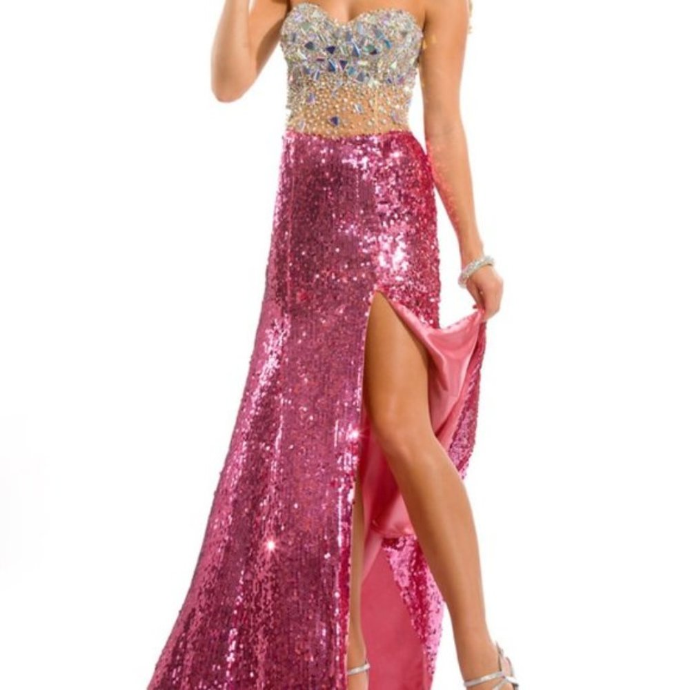 SEXY STRAPLESS DISCO PINK SEQUINS EMBELLISH GOWN 0